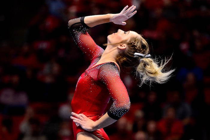 Trent Nelson  |  The Salt Lake Tribune
MyKayla Skinner performs her floor routine as the University of Utah hosts Michigan, NCAA gymnastics at the Huntsman Center in Salt Lake City, Saturday January 7, 2017.