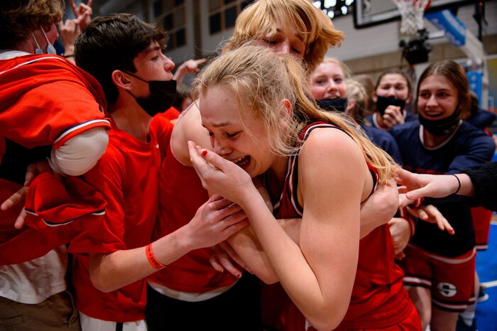 (Trent Nelson  |  The Salt Lake Tribune) Springville's Lauryn Deede celebrates after hitting a buzzer-beater to defeat Farmington High School in the 5A girls basketball state championship game, in Taylorsville on Saturday, March 6, 2021.