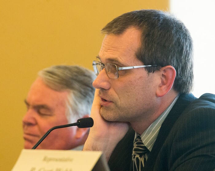 (Rick Egan  |  The Salt Lake Tribune)     Rep. Raymond P. Ward asks Rep. Brian Greene questions about HB 185, in a committee meeting, Friday, January 26, 2018.


