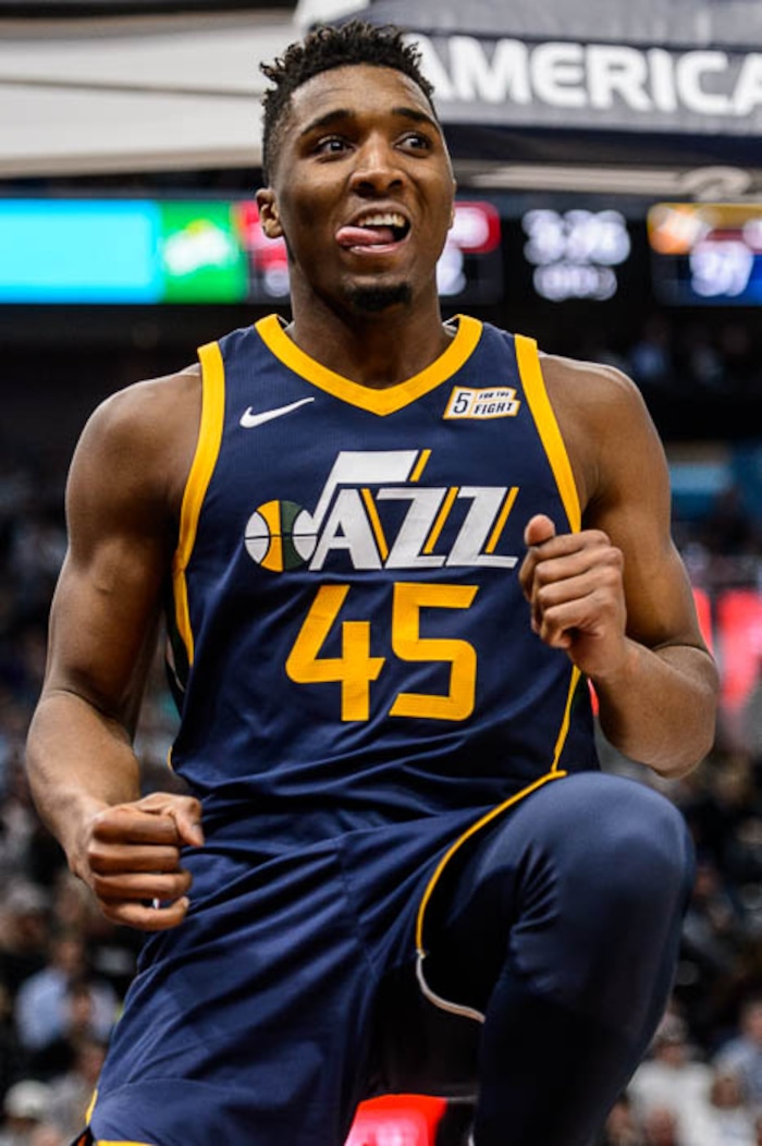(Trent Nelson | The Salt Lake Tribune)  Utah Jazz guard Donovan Mitchell (45) celebrates as the Utah Jazz host the Portland Trail Blazers, NBA basketball in Salt Lake City, Wednesday November 1, 2017.
