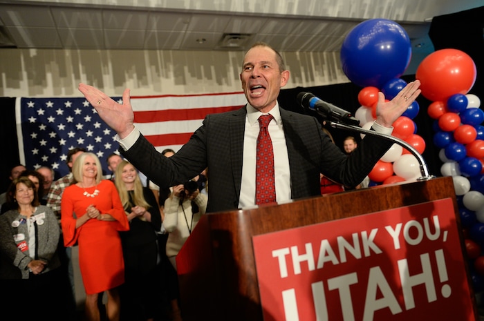 (Francisco Kjolseth  |  The Salt Lake Tribune)  John Curtis, Republican candidate for 3rd Congressional District celebrates his win at the Provo Marriott Hotel & Conference Center Tuesday, Nov. 7, 2017. Curtis will fill the congressional seat recently vacated by Jason Chaffetz.