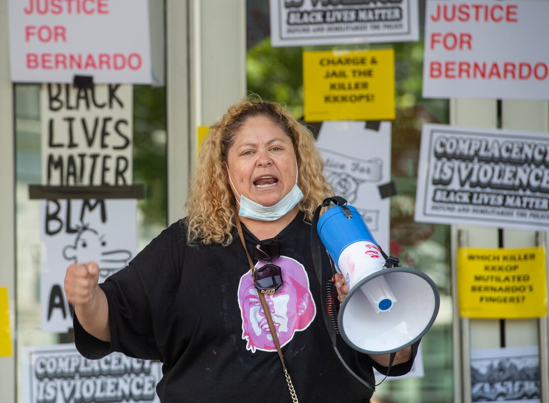 (Rick Egan  |  The Salt Lake Tribune)      Lorena Burciaga speaks to the crowd, during a Justice for Bernardo demonstration, in Salt Lake City, Tuesday, July 7, 2020.