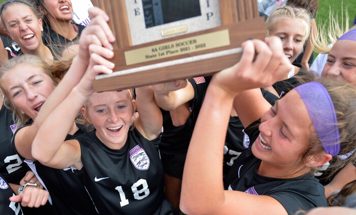(Chris Samuels | The Salt Lake Tribune) Riverton celebrates winning the 6A girls’ soccer state championships 3-1 over Skyridge at Rio Tinto Stadium in Sandy, Friday, Oct. 22, 2021.