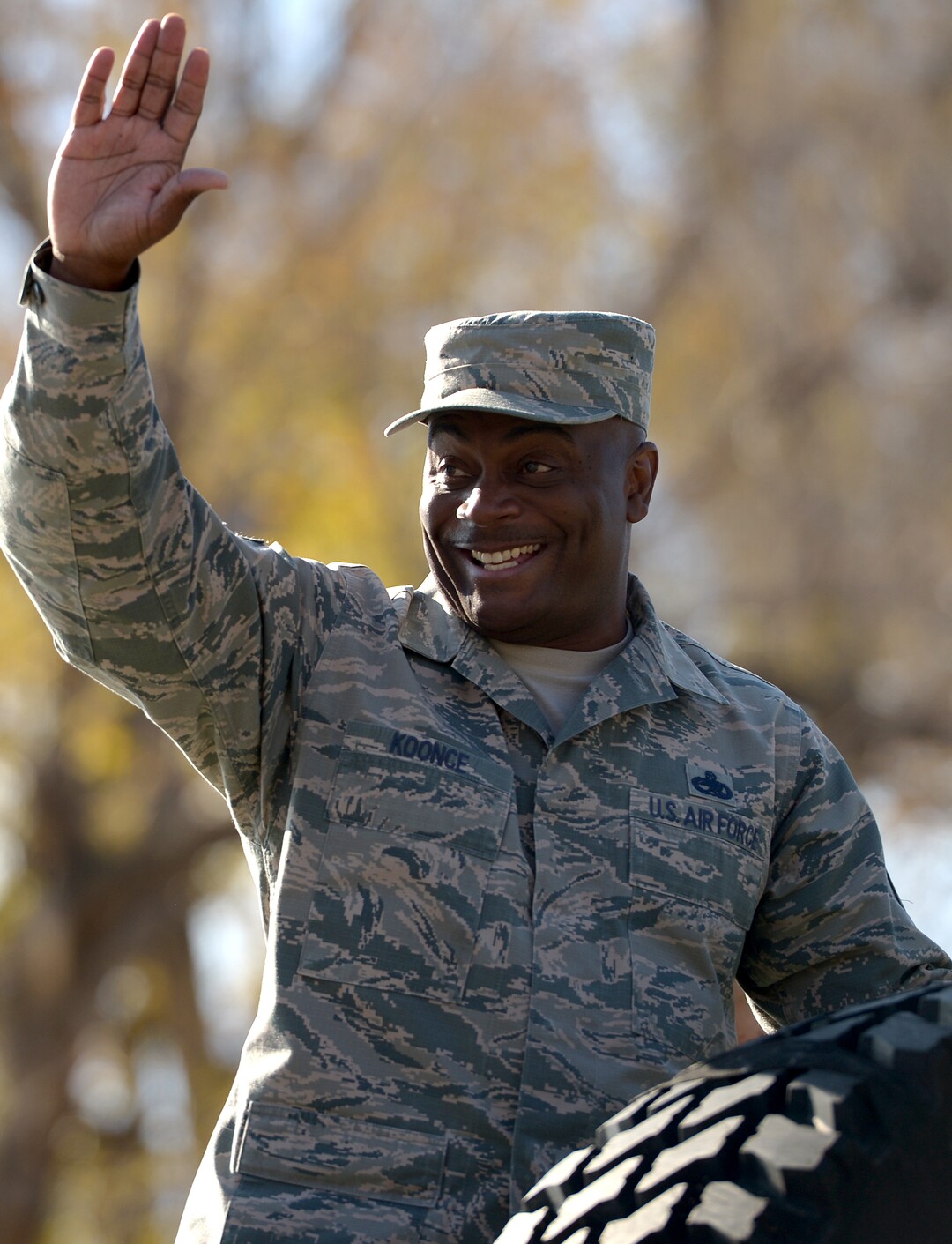 (Leah Hogsten  |  The Salt Lake Tribune)  Chief Master Sergeant Rodney Koonce, the Command Chief Master Sergeant, 75th Air Base Wing, Hill Air Force Base greets the crowds at Northern Utah’s 12th Annual Veterans Day Parade Saturday, Nov. 11, 2017 in Layton.
