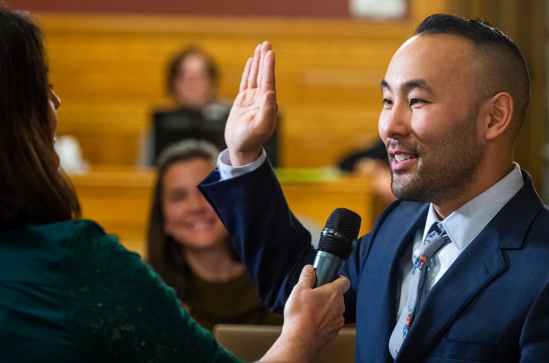 (Rick Egan  |  The Salt Lake Tribune)     Darin Masao Mano is sworn in as a member of the the Salt Lake City Council, after being selected from 24 candidates.  Mano will takes the position vacated by Mayor Erin Mendenhall. Tuesday, Jan. 21, 2020.