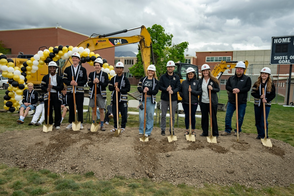(Rick Egan | The Salt Lake Tribune) Highland High School student body officers pose with hardhats and shovels during the groundbreaking ceremony for the school's $300 million rebuild on Wednesday, April 22, 2026.