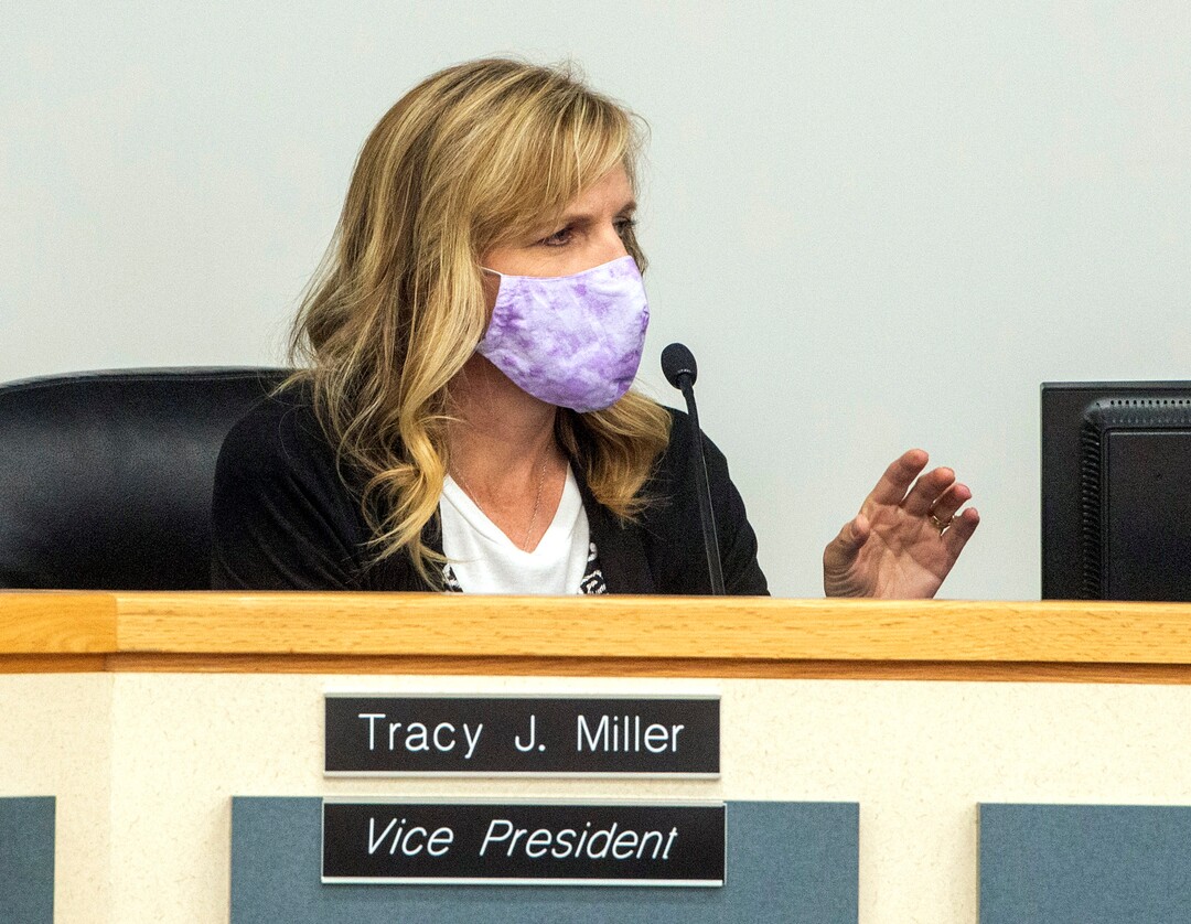 (Rick Egan  |  The Salt Lake Tribune)    Vice President Tracy J. Miller, asks a questions during the Jordan School Board meeting, discussing the Covid-19 cases at Riverton High School, onWednesday, Sept. 16, 2020.