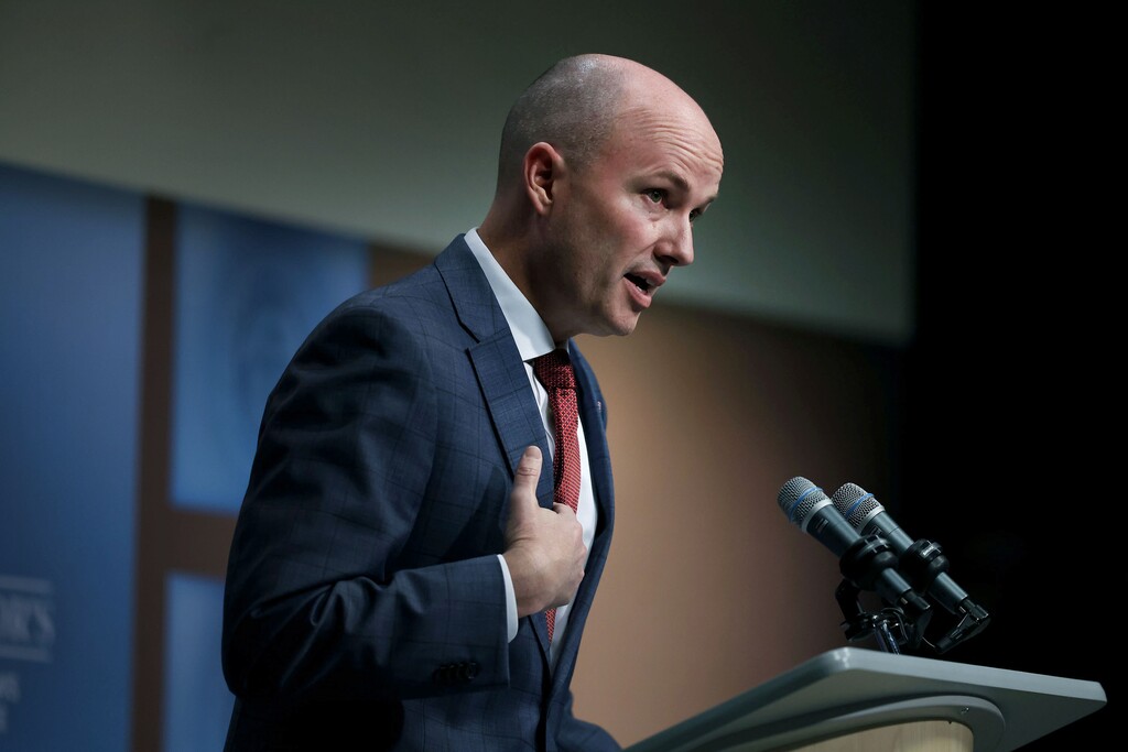 (Laura Seitz | Pool) Gov. Spencer J. Cox speaks to reporters during the Governor's Monthly News Conference at the PBS Utah Studios in Salt Lake City on Thursday, May 16, 2024. Cox talked about campus protests at the University of Utah.
