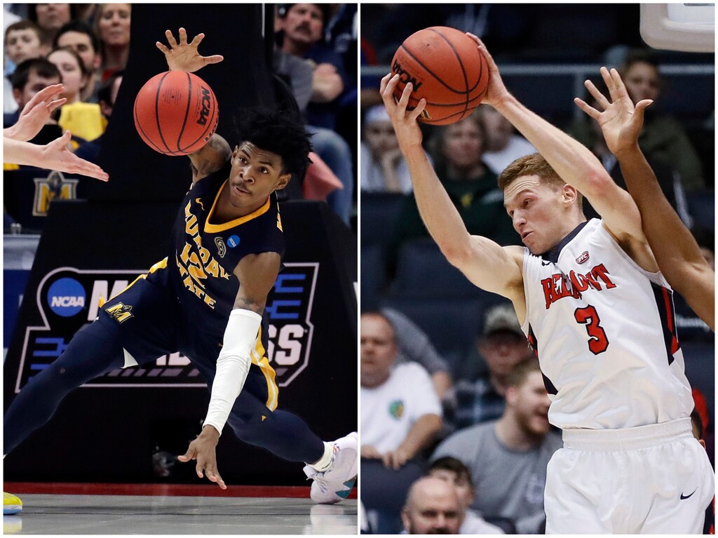 (The Associated Press) In this combination of NCAA college basketball tournament photos, Murray State's Ja Morant, left, scrambles for the ball on March 21, 2019, in Hartford, Conn., and Belmont's Dylan Windler, right, rebounds March 19, 2019, in Dayton, Ohio. Morant and Windler were two of the top stories of the tournament’s first week, leading their mid-major conference teams to victories. Those wins will be paying dividends for years to come for the Ohio Valley Conference.