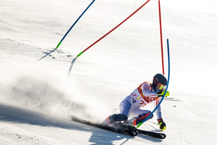 (Chris Detrick  |  The Salt Lake Tribune)  USA's Ted Ligety competes in the Men's Alpine Combined at Jeongseon Alpine Centre during the Pyeongchang 2018 Winter Olympics Tuesday, February 13, 2018.  Ligety finished in 5th place with a time of 2:07.97.