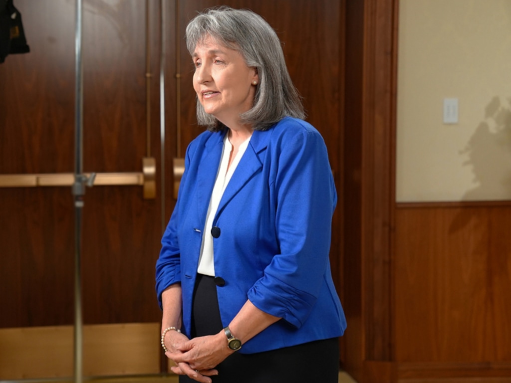 (The Church of Jesus Christ of Latter-day Saints) J. Anette Dennis, first counselor in the Relief Society General Presidency, speaks during the filming of a worldwide Relief Society devotional in the Relief Society Building in Salt Lake City. It was broadcast Sunday, March 17, 2024.