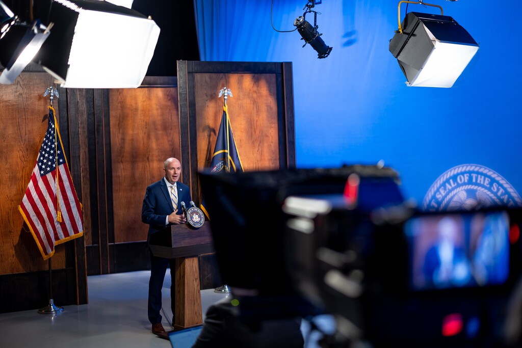 (Spenser Heaps | Pool) Gov. Spencer Cox holds his monthly news conference broadcast on PBS Utah from the Eccles Broadcast Center in Salt Lake City on Thursday, Oct. 20, 2022.