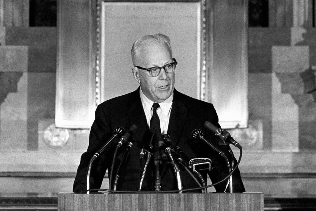 FILE - Chief Justice Earl Warren speaks at the Washington National Archives during a ceremony marking the 175th anniversary of congressional passage of legislation establishing the federal judicial system in the U.S., on Sept. 22, 1964. In 1957, Warren wrote: “Scholarship cannot flourish in an atmosphere of suspicion and distrust. Teachers and students must always remain free to inquire, to study and to evaluate, to gain new maturity and understanding; otherwise, our civilization will stagnate and die.”(AP Photo/Bill Allen, File)