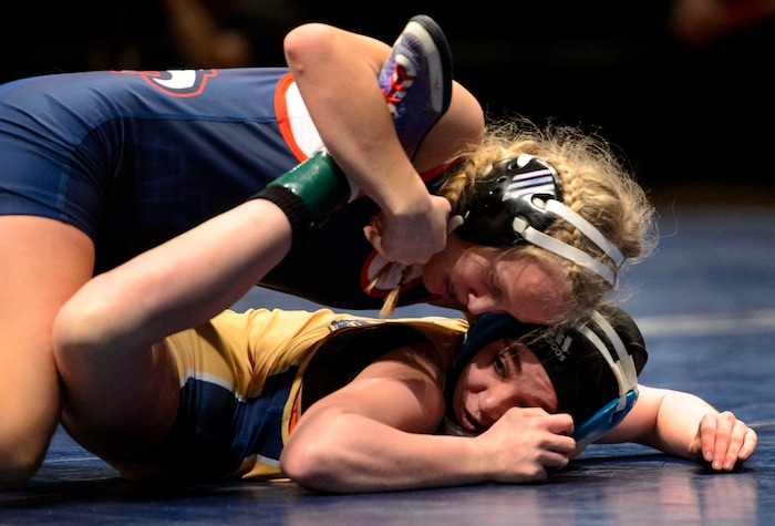 (Steve Griffin  |  The Salt Lake Tribune)  Sage Mortimer, of ALA, bends the leg of Kierstien Bush, of Bonneville as she controls her during the All-Star Duals wrestling at Utah Valley University's UCCU Center in Orem Tuesday January 9, 2018.