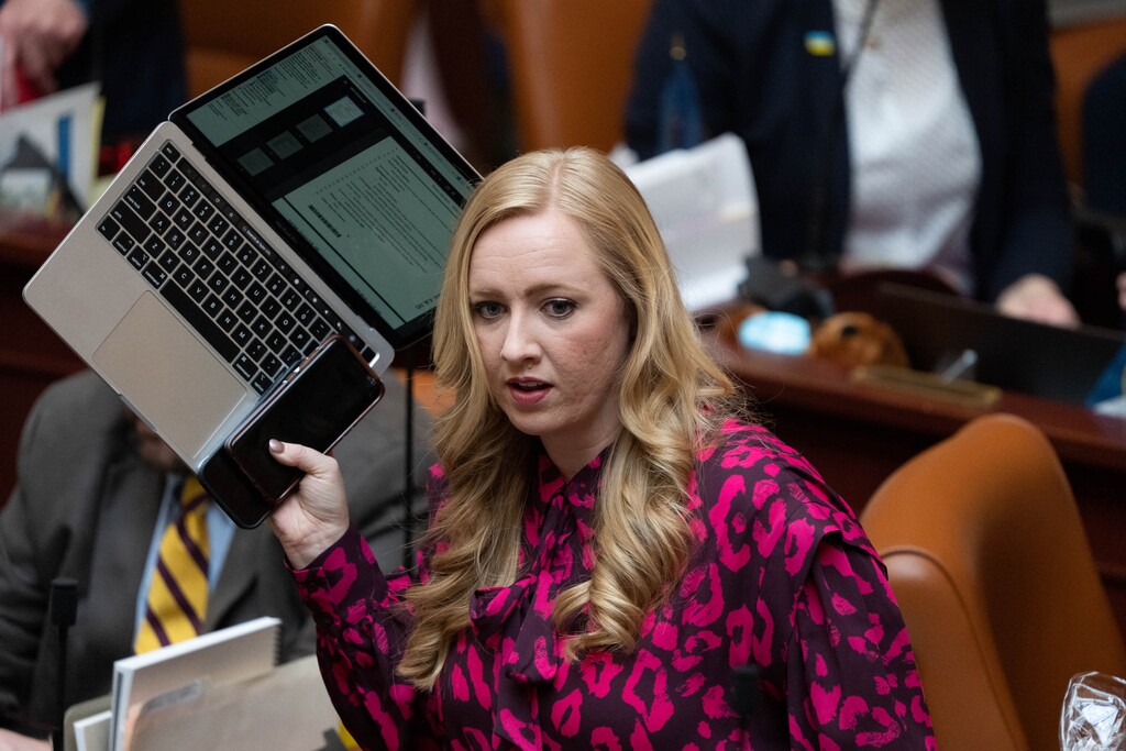 (Francisco Kjolseth | The Salt Lake Tribune) Rep. Candice Pierucci, R-Riverton, on the house floor at the Capitol in Salt Lake City on Friday, March 4, 2022, during the final day of the Utah Legislature’s 2022 general session.
