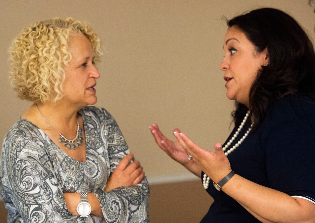 (Rick Egan  |  The Salt Lake Tribune)     Salt Lake Mayor Jackie Biskupski talks with Luz Escamilla, at her campaign watch party at the Utah State Fairgrounds, Tuesday, Aug. 13, 2019.