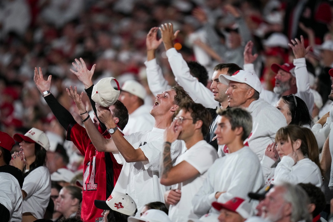 (Bethany Baker  |  The Salt Lake Tribune) Fans react to a call during the game between the Utah Utes and the Kansas Jayhawks at Rice-Eccles Stadium in Salt Lake City on Saturday, Oct. 10, 2026.