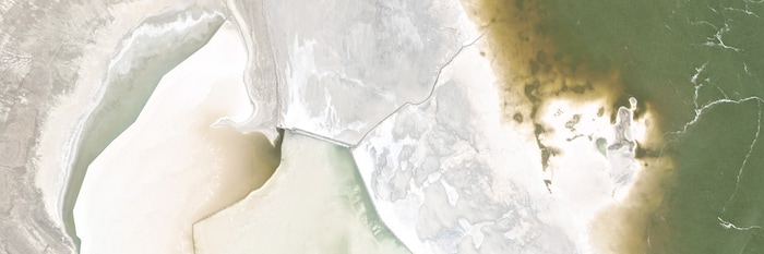 (Planet) A satellite image of Gunnison Island, in the north arm of the Great Salt Lake, on May 26, 2021.