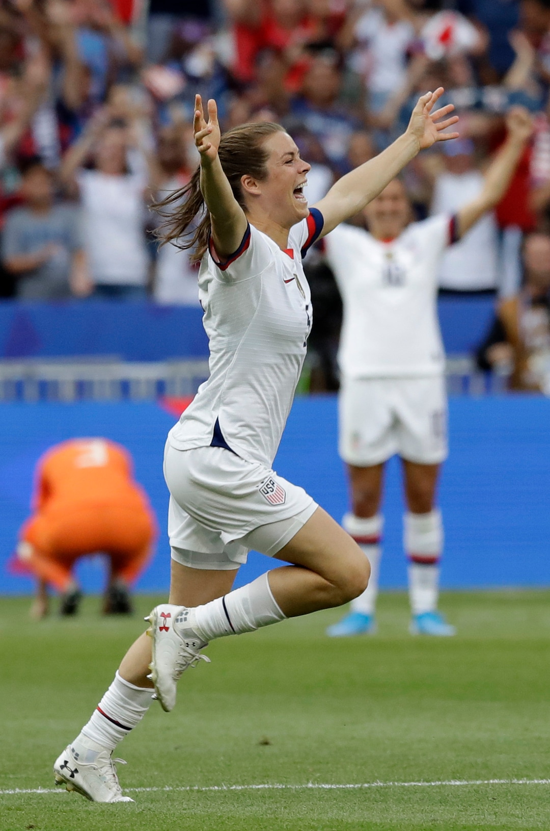 (Alessandra Tarantino  |  AP photo) United States' Kelley O Hara celebrates after winning the Women's World Cup final soccer match between US and The Netherlands at the Stade de Lyon in Decines, outside Lyon, France, Sunday, July 7, 2019.