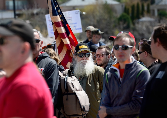 (Scott Sommerdorf | The Salt Lake Tribune)
A group calling themselves Citizens and Students For Liberty (SFL) gathered at the Utah State Capitol on Saturday to show their support for the Second Amendment, Saturday, April 14, 2018.