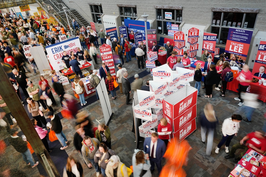 (Francisco Kjolseth | The Salt Lake Tribune) Delegates gather for the Davis County Republican Party nominating convention at Syracuse High School on Saturday, April 18, 2026.