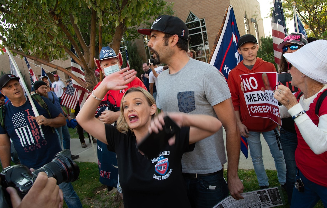 (Francisco Kjolseth  |  The Salt Lake Tribune) Supporters and counterprotesters of President Donald Trump rally outside of Kingsbury Hall on the University of Utah campus in Salt Lake City on Wednesday, Oct. 7, 2020, before the vice presidential debate.
