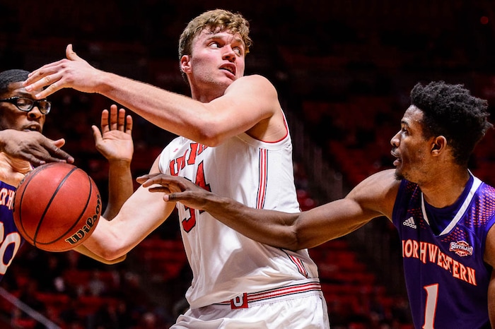 (Trent Nelson | The Salt Lake Tribune)  Utah Utes forward Jayce Johnson (34) loses the ball as the University of Utah hosts Northwestern State, NCAA basketball in Salt Lake City, Wednesday December 20, 2017. At left is Northwestern State Demons forward Ishmael Lane (20) and right is Northwestern State Demons guard Iziahiah Sweeney (1).