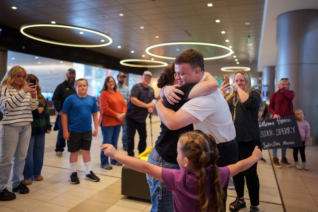 (Trent Nelson | The Salt Lake Tribune) Family members gather at Salt Lake International Airport to welcome Latter-day Saint missionary Kaysen Sperry home from a two-year mission to Peru, Tuesday, Oct. 3, 2023.