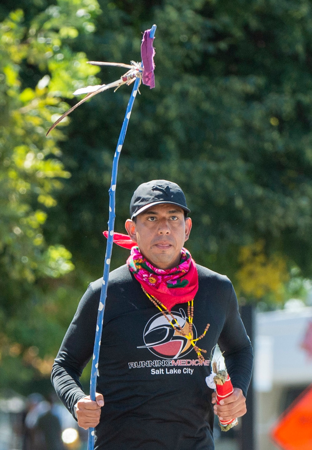 (Rick Egan  |  The Salt Lake Tribune)    Son Sanchez  runs up State Street in Salt Lake City on Saturday, Sept. 5, 2020. Ten Native American runners ran from Bears Ears National Monument to SLC for the “Running As Medicine - Indigenous Youth Prayer Run”.