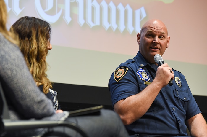 (Francisco Kjolseth | The Salt Lake Tribune) Salt Lake City Fire Capt. Mike Stevens, an advocate for better mental health care for firefighters joins Tribune Editor Jennifer Napier-Pearce as she moderates a conversation with police officers and firefighters about mental health at the Salt Lake Public Library on Thursday, May 24, 2018.