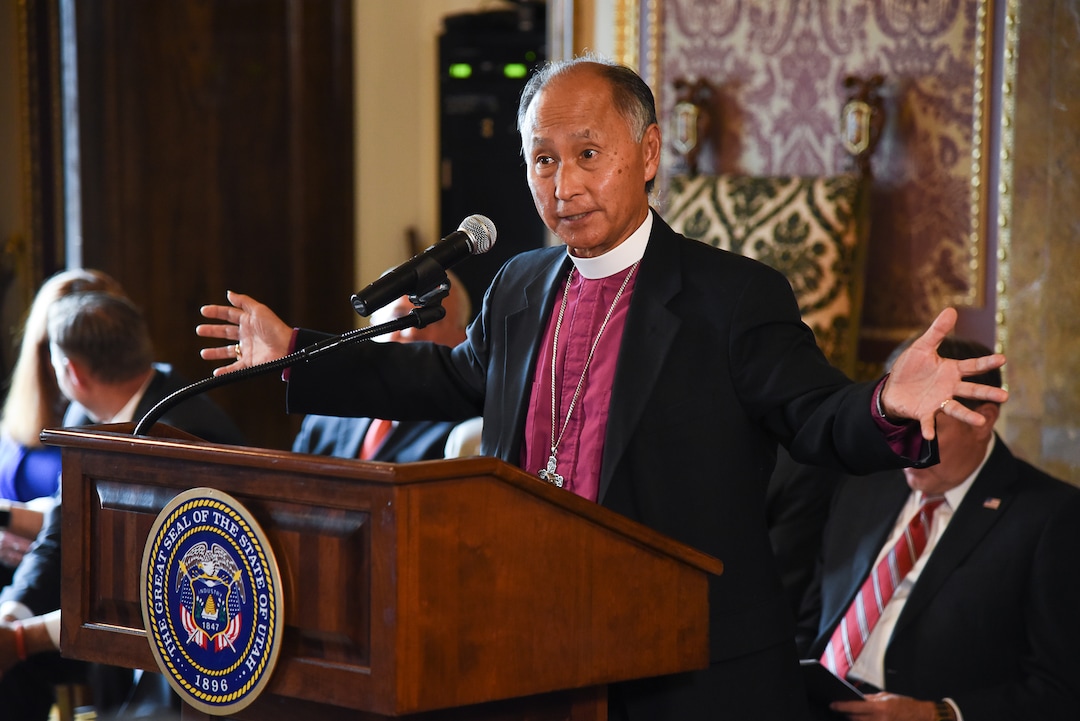 (Francisco Kjolseth  |  The Salt Lake Tribune)  Bishop Scott B. Hayashi of the Episcopal Diocese of Utah who reluctantly joined the opposition to Proposition 2, says he is now in the "yes" column for the initiative as supporters and opponents of UtahÕs medical marijuana initiative joined with Utah Gov. Gary Herbert and legislative leaders Thursday, Oct. 4, 2018, at the Utah Capitol to announce a Òshared visionÓ for cannabis policy.