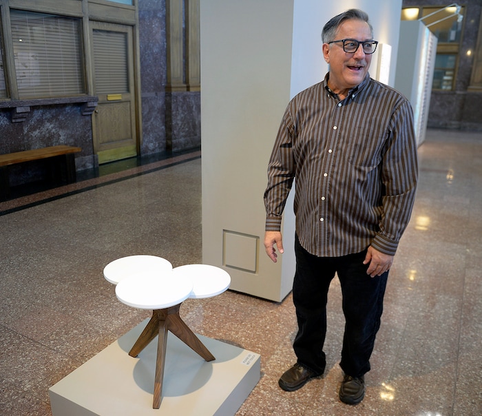 (Chris Samuels | The Salt Lake Tribune) David Evett shows his Lily Table design at a showcase for Utah Design Arts at the Rio Grande Depot in Salt Lake City, Sept. 12, 2019.