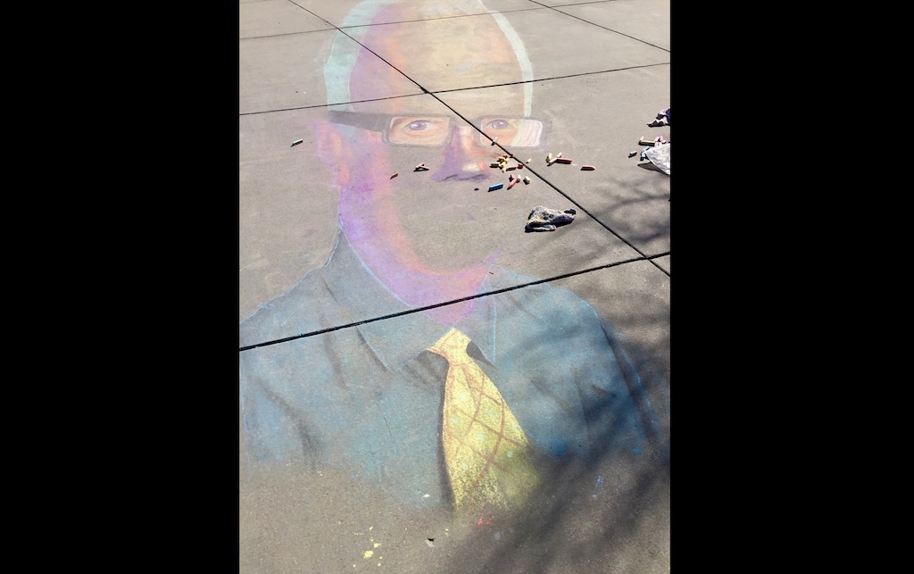 (Courtesy of Robin Roberson) Sandy-resident Robin Roberson saw a teen drawing in a park and it took standing at the right spot to see that it was a tribute to Hillcrest High School Principal Greg Leavitt.
