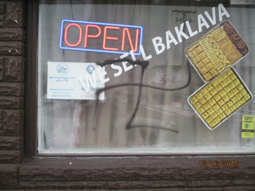 Courtesy of South Salt Lake Police Department
This 2015 photo depicts a crime scene -- swastikas spray-painted on a Middle Eastern deli -- which police investigated as a hate crime..