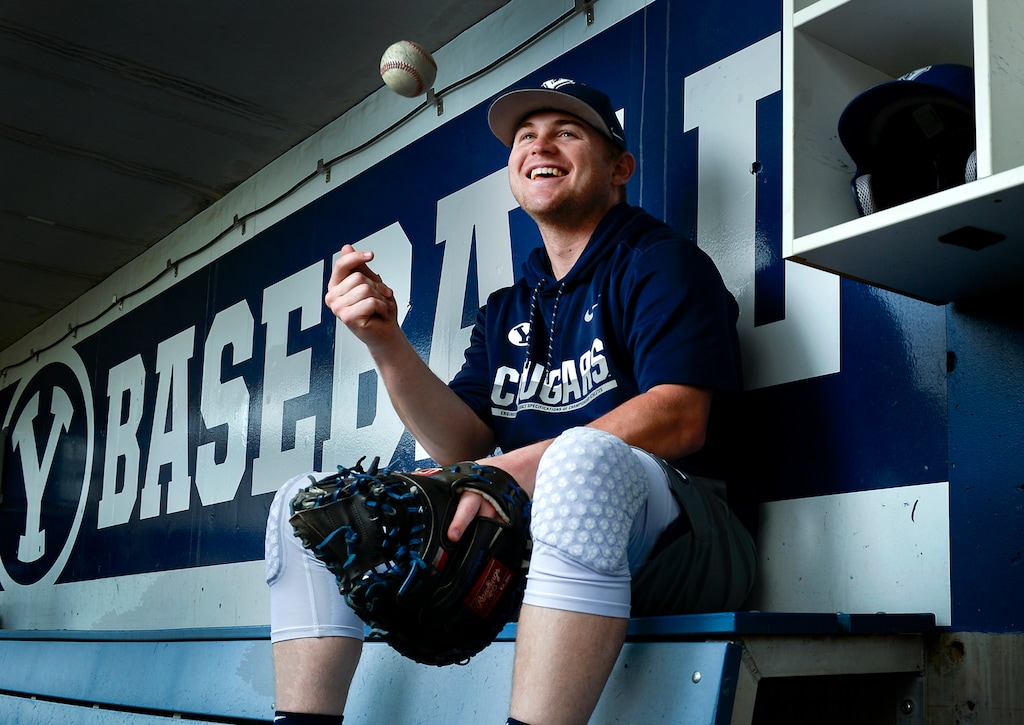 Leah Hogsten  |  The Salt Lake Tribune  BYU catcher Noah Hill relaxes in the dugout after practice at Miller Park a few weeks after he was hit in the throat when a pitch took a strange hop and caught him in the throat, sliding under his face mask and throat protector. Hill stopped breathing for nearly a minute and was transported to a hospital in Seattle, Wash., for overnight observation.