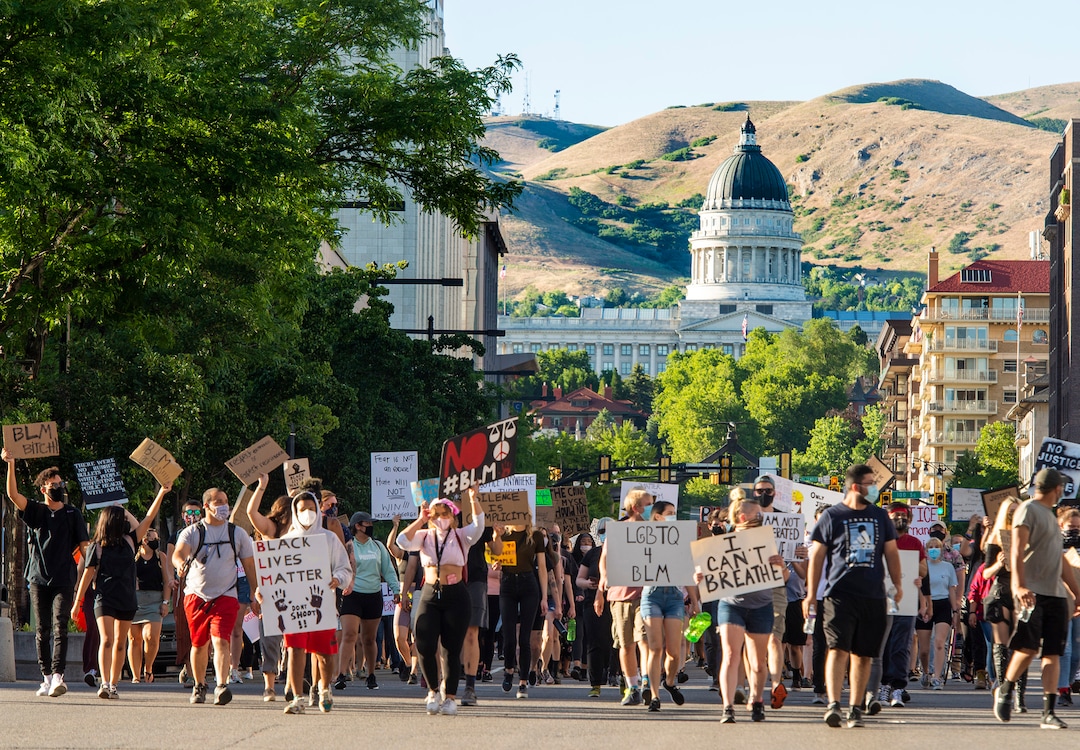 (Rick Egan  |  The Salt Lake Tribune)     Protesters walk down State Street from the State Capitol, Wednesday, June 10, 2020.