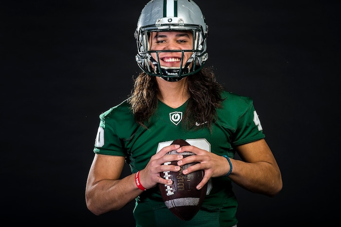(Chris Detrick | The Salt Lake Tribune) Olympus tight end Cameron Latu poses for a portrait Wednesday, December 13, 2017.