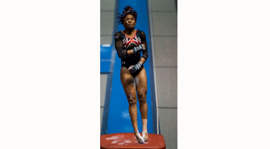 (Rick Egan | The Salt Lake Tribune)   Cammy Hall competes on the vault, in PAC-12 gymnastics action between The University of Washington and The University of Utah at Jon M. Huntsman Center in Salt Lake City, on Saturday, Jan. 30, 2021.