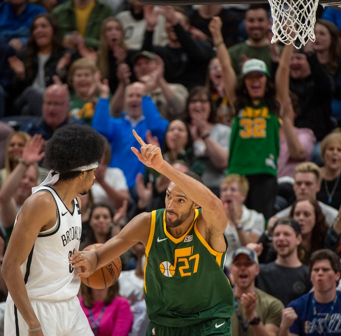 (Rick Egan  |  The Salt Lake Tribune)  Utah Utah center Rudy Gobert (27) reacts after a big dunk, in NBA action between Utah Jazz and Brooklyn Nets at Vivint Smart Home Arena, Saturday, March 16, 2019.


