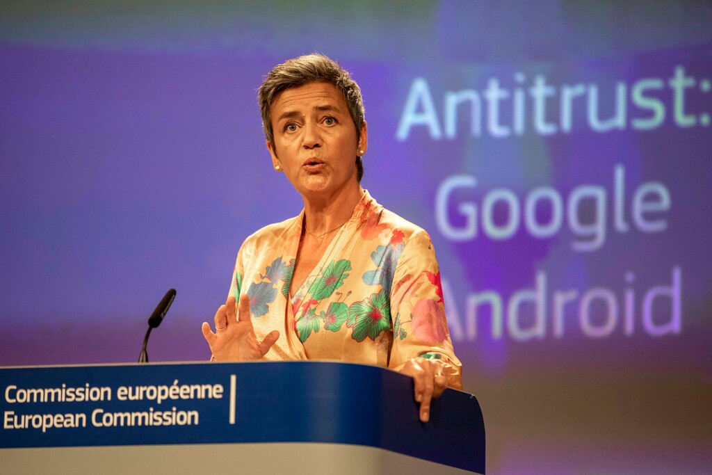 EU Commissioner Margrethe Vestager holds a press conference on a Competition Case involving Google Android at the European Commission building, in Brussels on Wednesday, July 18, 2018. he European Union's antitrust chief has fined Google a record $5 billion for abusing the market dominance of its Android mobile phone operating system. (AP Photo/Olivier Matthys)