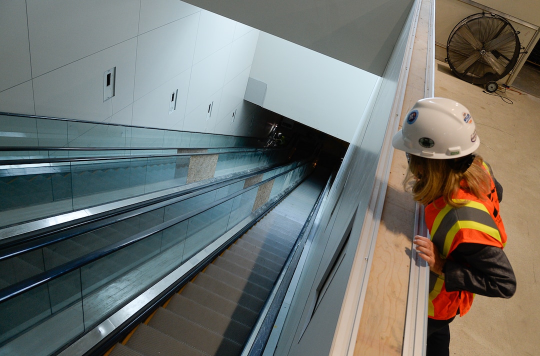 (Francisco Kjolseth  |  The Salt Lake Tribune) Nancy Volmer, Director of Communications and Marketing at Salt Lake City International Airport checks out the mid-concourse tunnel that will connect passengers from concourse A to concourse B in the first phase of work, as seen during construction on Wednesday, May 20, 2020.