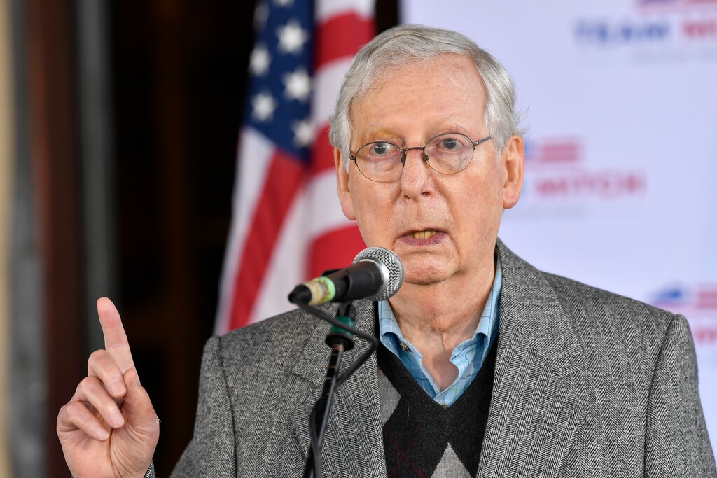 FILE - In this Oct. 28, 2020, file photo, Senate Majority Leader Mitch McConnell, R-Ky., speaks to supporters in Lawrenceburg, Ky. (AP Photo/Timothy D. Easley, File)