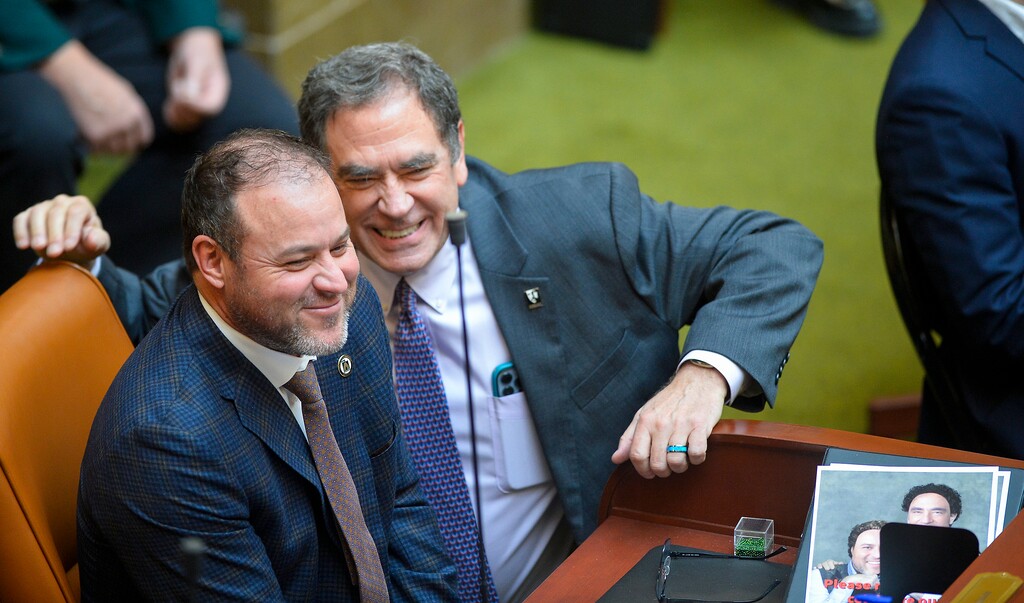 (Chris Samuels | The Salt Lake Tribune) House Majority Leader Mike Schultz, right, R-Hooper, and Rep. Brian King, D-Salt Lake City, share a laugh on the first day of the Legislative session, Tuesday, Jan. 17, 2023.