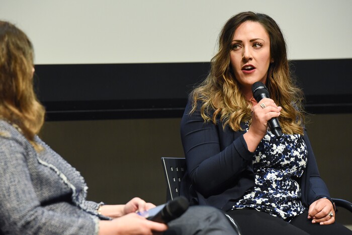 (Francisco Kjolseth | The Salt Lake Tribune) Shante Johnson, spokeswoman for the Utah State Lodge Fop (Fraternal Order of Police) and the widow of Sgt. Derek Johnson, who was killed in the line of duty, joins Tribune Editor Jennifer Napier-Pearce as she moderates a conversation with police officers and firefighters about mental health at the Salt Lake Public Library on Thursday, May 24, 2018.