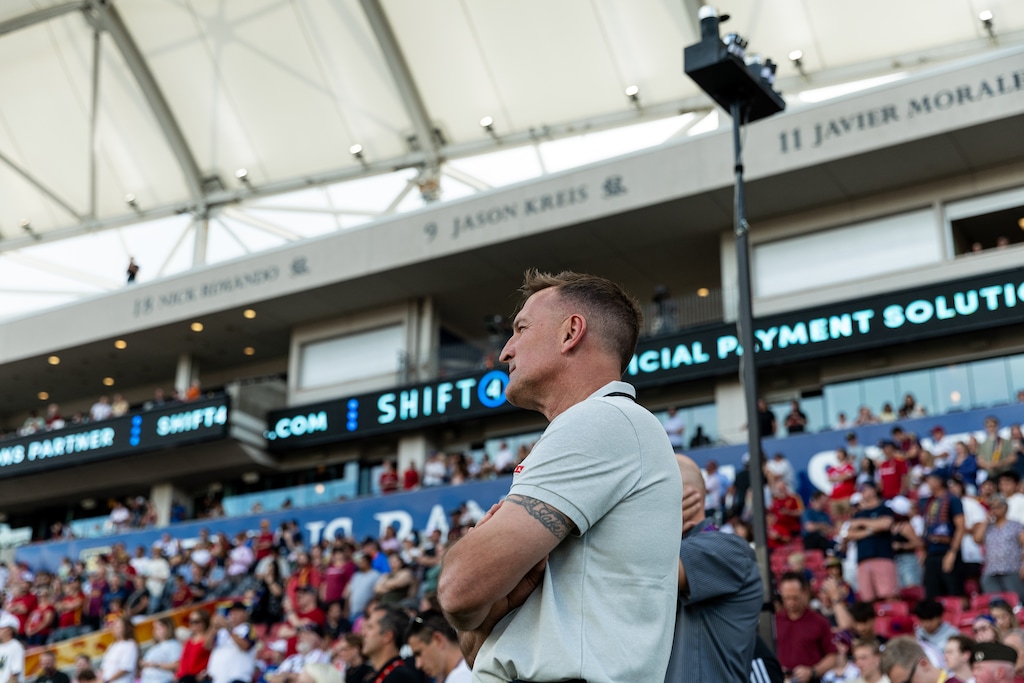 (Real Salt Lake) Real Salt Lake Director of Operations & Special Projects, Jason Kreis, looks on ahead of the club's game against DC United on June 15, 2025.
