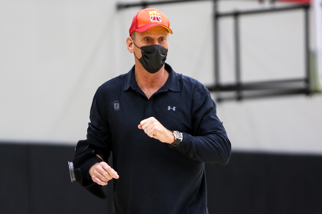 (Photo courtesy of Utah Athletics) Utes men's basketball coach Larry Krystkowiak, pictured at a recent practice, said on his weekly radio show Monday that his team was doing individual workouts, with the hope of getting back to full practice on Wednesday. On Friday, a report surfaced that the Utes were going to pause basketball activities due to positive COVID-19 tests.