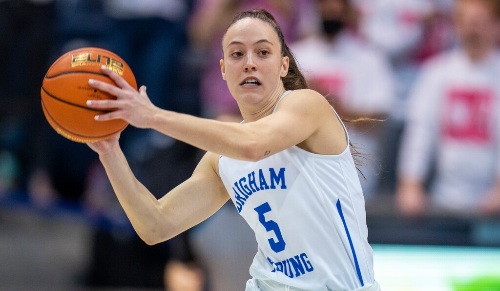 (Rick Egan | The Salt Lake Tribune) BYU guard Maria Albiero (5) leads a fast break for the Cougars, in women's basketball action between the BYU Cougars and the Pepperdine Waves, at the Marriott Center in Provo, on Thursday, Feb. 10, 2022. Judkins scored his 450th win tonight.