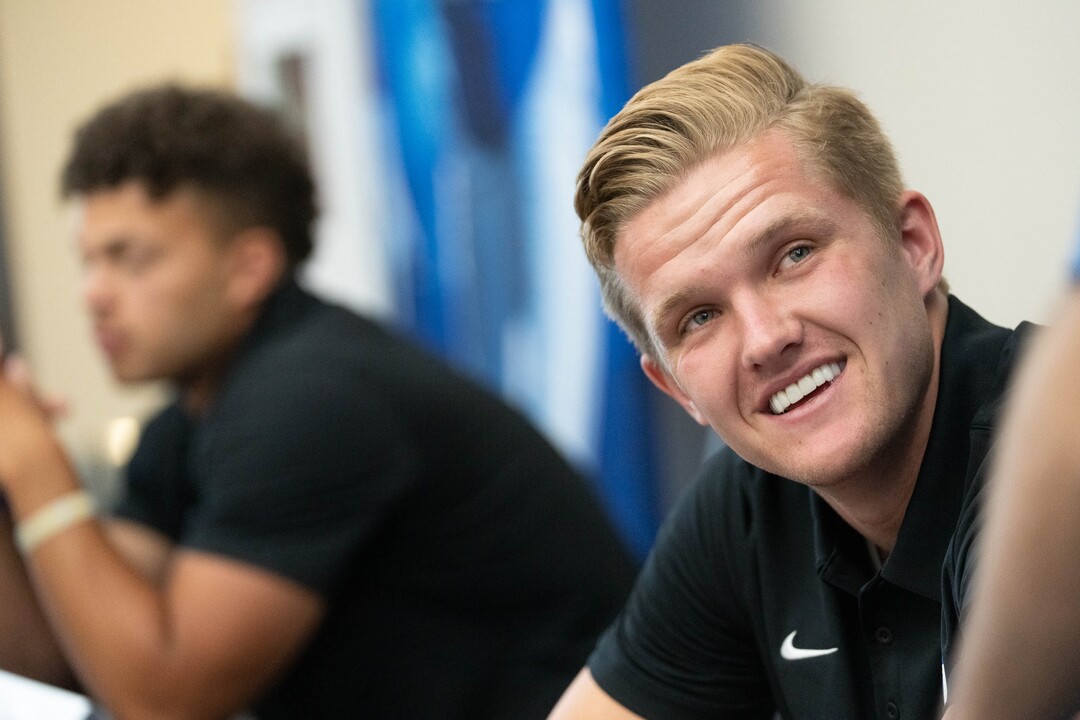 (Francisco Kjolseth | The Salt Lake Tribune) Quarterback Jacob Conover is interviewed by print media during BYU football media day in the BYU Broadcasting Building in Provo on Thursday, June 17, 2021.