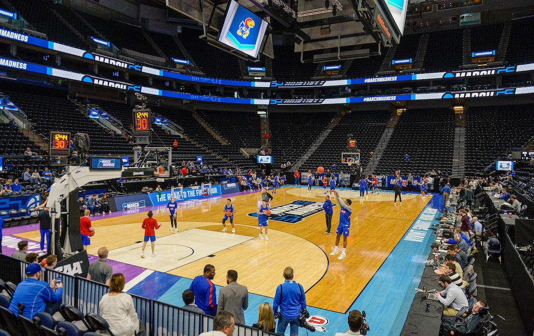 Leah Hogsten  |  The Salt Lake Tribune  The Kansas Jayhawks take the court during the 2019 NCAA Division I Men's Basketball Championship, March 20, 2019 in preparation for their first round game against the Northeastern Huskies on Thursday.