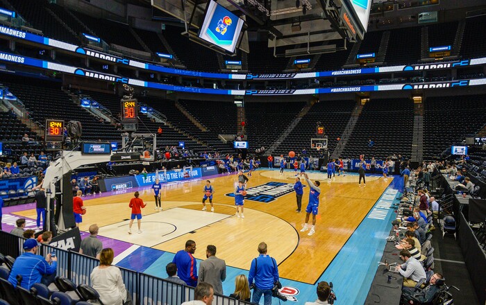 Leah Hogsten  |  The Salt Lake Tribune  The Kansas Jayhawks take the court during the 2019 NCAA Division I Men's Basketball Championship, March 20, 2019 in preparation for their first round game against the Northeastern Huskies on Thursday.